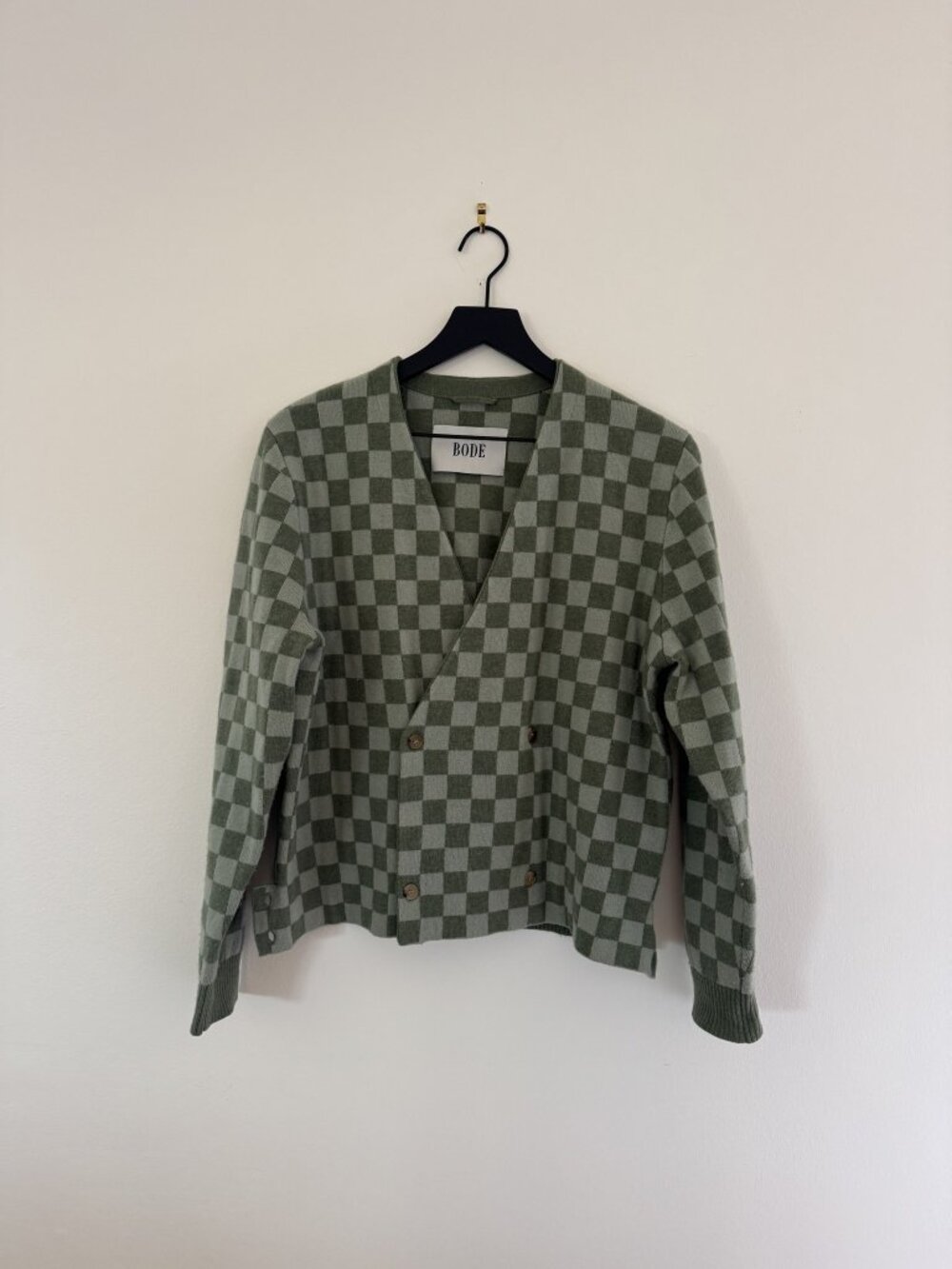 Bode Duotone Checkerboard Merino Wool Cardigan Green S/M